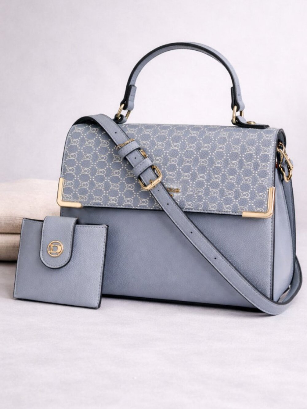 Dune London Blue-Gray Monogram Satchel Top Handle Crossbody NWOT